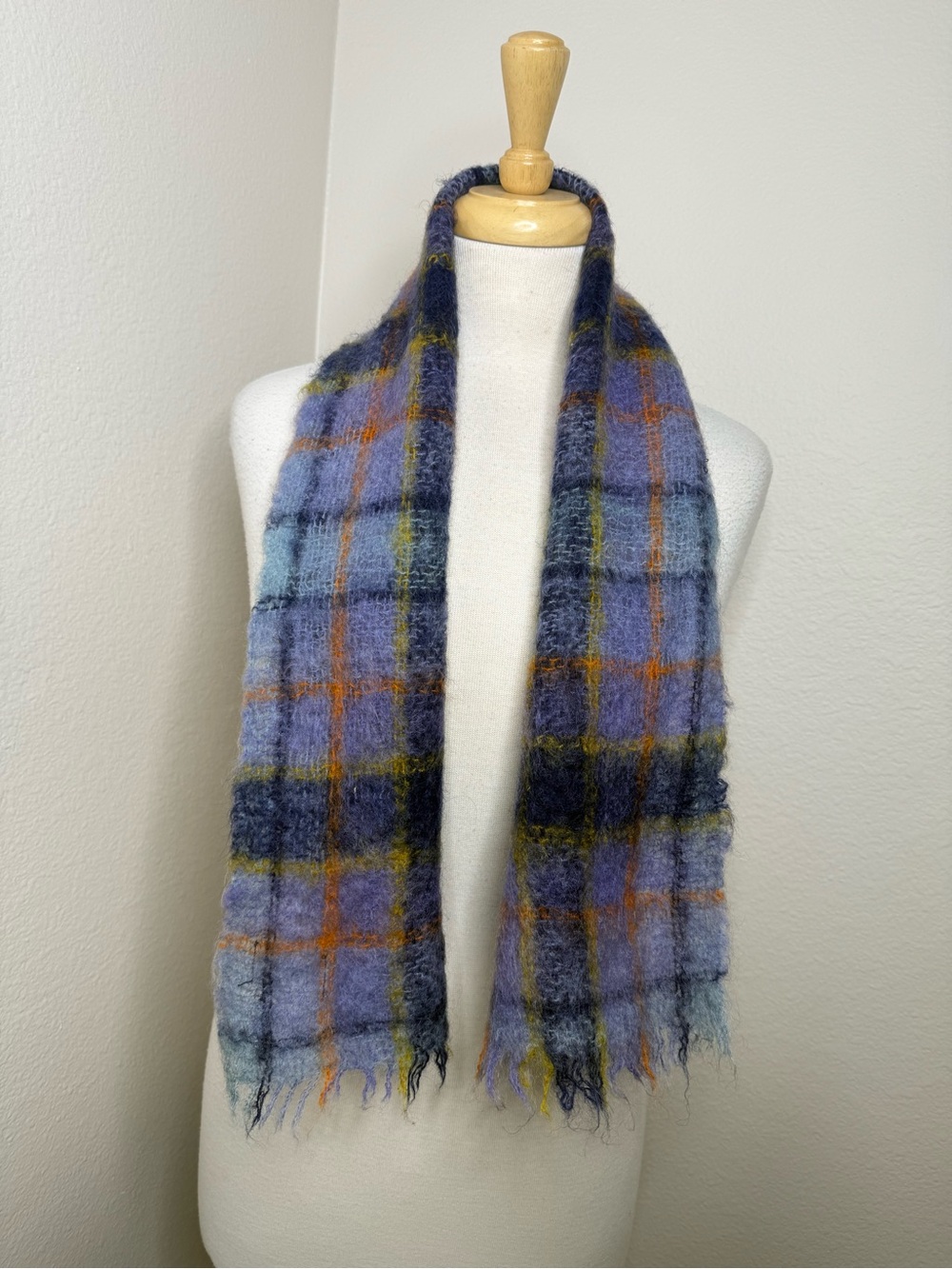 Heather Brea Plaid Mohair Wool Scarf Purple Blue Orange Scotland 9”x45”